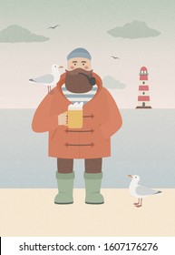 Sailor with beer mug standing near the sea. Vintage vector card with smoking seaman, craft beer, seagulls and lighthouse. Storm beach background