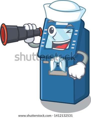 Sailor with binocular atm machine next to character table