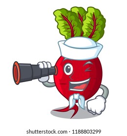 Sailor with binocular beetroot with leaves isolated on mascot