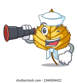 Sailor with binocular birch leaves spread the cartoon sticks