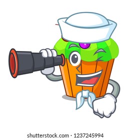 Sailor with binocular black currant cupcake isolated on mascot