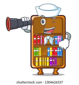 Sailor with binocular bookcase isolated in the with characters