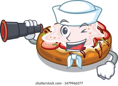 Sailor with binocular bread bruschetta above cartoon wooden table
