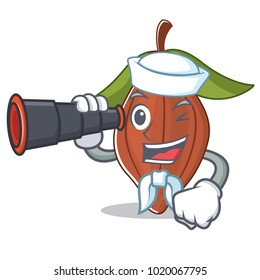 Sailor with binocular cacao bean mascot cartoon