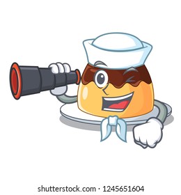 Sailor with binocular caramel chocolate pudding on cartoon funny