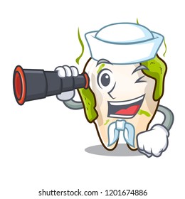 Sailor with binocular cartoon decayed tooth before restorative treatment