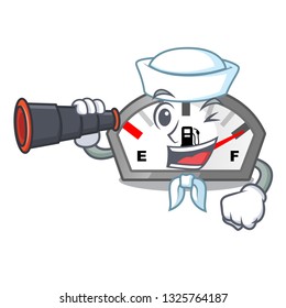 Sailor with binocular cartoon gasoline indicator sticks to motorbike