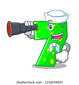 Sailor with binocular cartoon number seven on stone wall