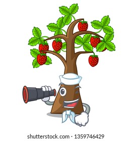 Sailor with binocular cartoon strawberry trees grow on soil