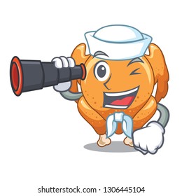 Sailor with binocular chicken roast is isolated with characters