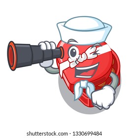 Sailor with binocular chovolate heart box isolated with characters