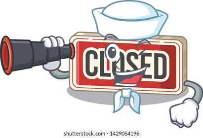 Sailor with binocular closed sign attached to cartoon door