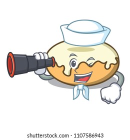Sailor with binocular donut with sugar mascot cartoon