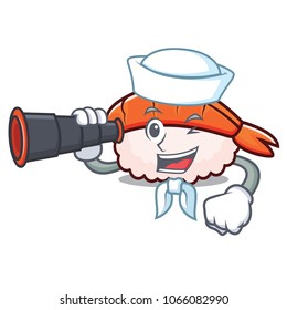 Sailor with binocular ebi sushi mascot cartoon