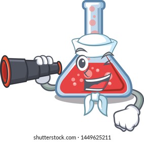 Sailor with binocular erlenmeyer flask above wooden cartoon table