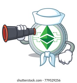 Sailor with binocular Ethereum classic character cartoon