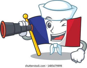 Sailor with binocular flag france in the cartoon shape