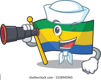 Sailor with binocular flag gabon isolated in the cartoon