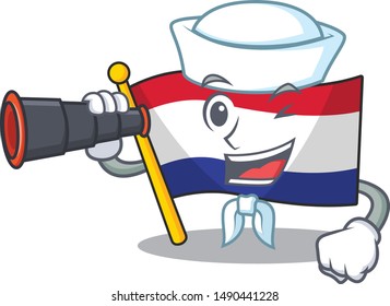 Sailor with binocular flag netherlands fluttered on cartoon pole
