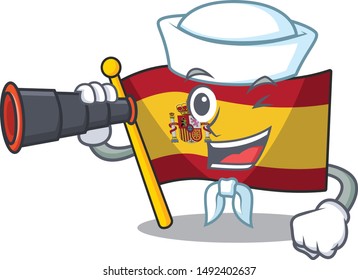 Sailor with binocular flag spain isolated in the cartoon