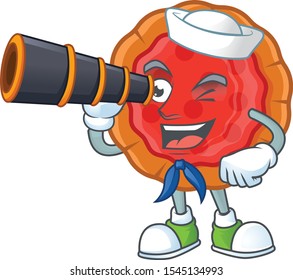 Sailor with binocular fresh cherry pie in the character