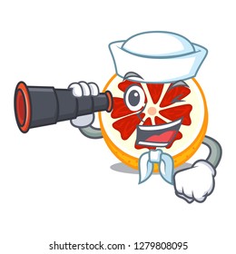 Sailor with binocular fresh grapefruit fruit in shape character