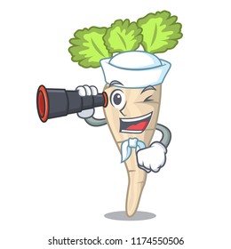 Sailor with binocular fresh parsnip roots on a mascot