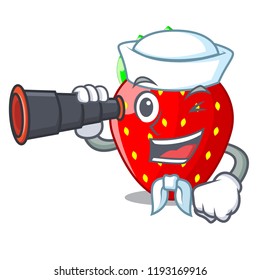 Sailor with binocular fresh ripe strawberry isolated on mascot