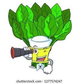 Sailor with binocular fresh spinach vegetables in character fridge