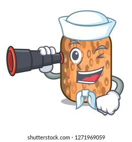 Sailor with binocular fried tempeh snack above cartoon leaf