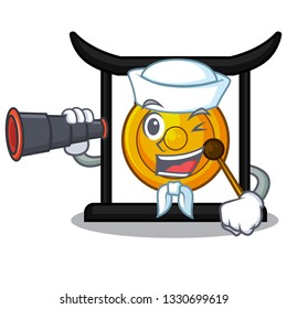 Sailor with binocular golden gong isolated with the mascot