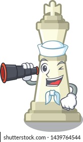 Sailor with binocular king chess above wooden cartoon table