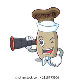 Sailor with binocular king trumpet mushroom mascot cartoon