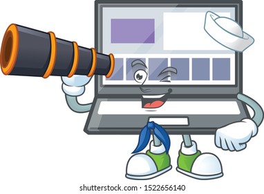 Sailor with binocular laptop cartoon mascot on white background.