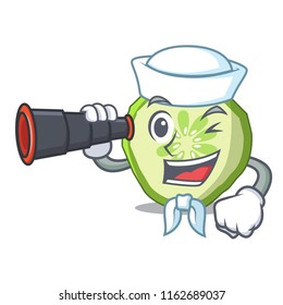Sailor with binocular mascot slice cucumber to cook vegetable