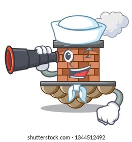 Sailor with binocular miniature cartoon brick chimney above table
