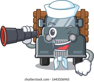 Sailor with binocular old truck in the mascot shape