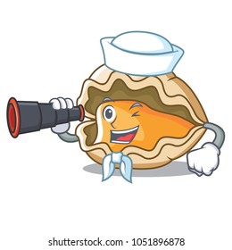 Sailor with binocular oyster mascot cartoon style