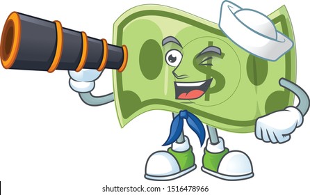 Sailor with binocular paper money cartoon character mascot style