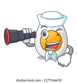 Sailor with binocular peeled boiled egg on mascot cartoon