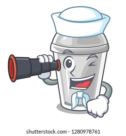 Sailor with binocular plastic cup isolated on with mascot