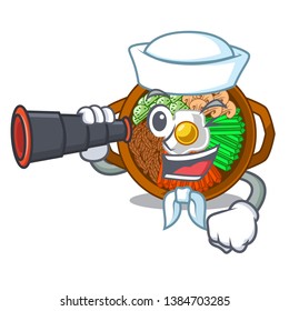 Sailor with binocular plate containing bibimbap cartoon on table