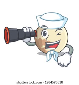 Sailor with binocular Pluto cartoon planet above the sky