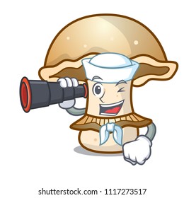 Sailor with binocular portobello mushroom mascot cartoon