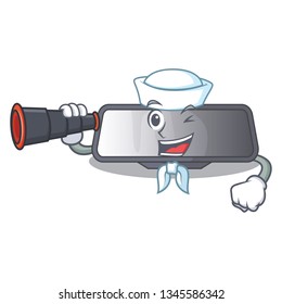 Sailor with binocular rear view mirror in cartoon car