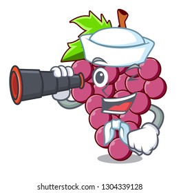 Sailor with binocular red grapes fruit above mascot table