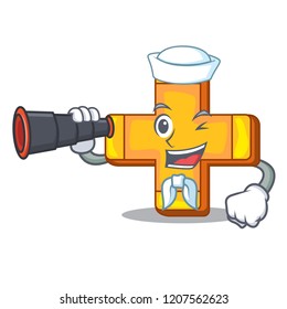 Sailor with binocular retro plus sign addition symbol cartoon