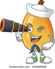 Sailor with binocular ripe fragrant pear fruit cartoon character