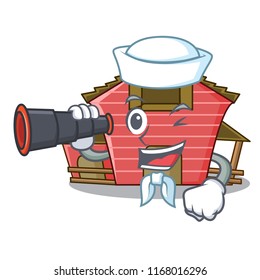 Sailor with binocular spring day with a red barn cartoon