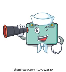 Sailor with binocular suitcase mascot cartoon style